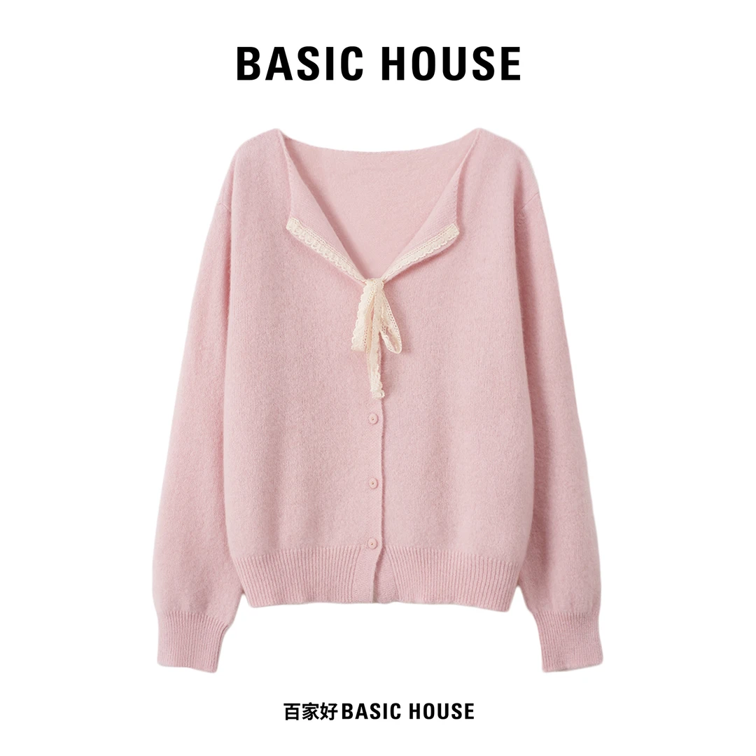 Basic House/百家好2025秋绑带绞花设计师温柔粉色针织衫Q662 XX