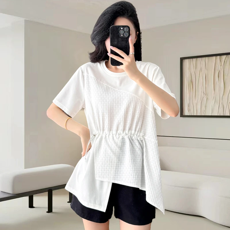不规则白色圆领短袖t恤女2025夏季新款时尚宽松遮肚显瘦休闲上衣