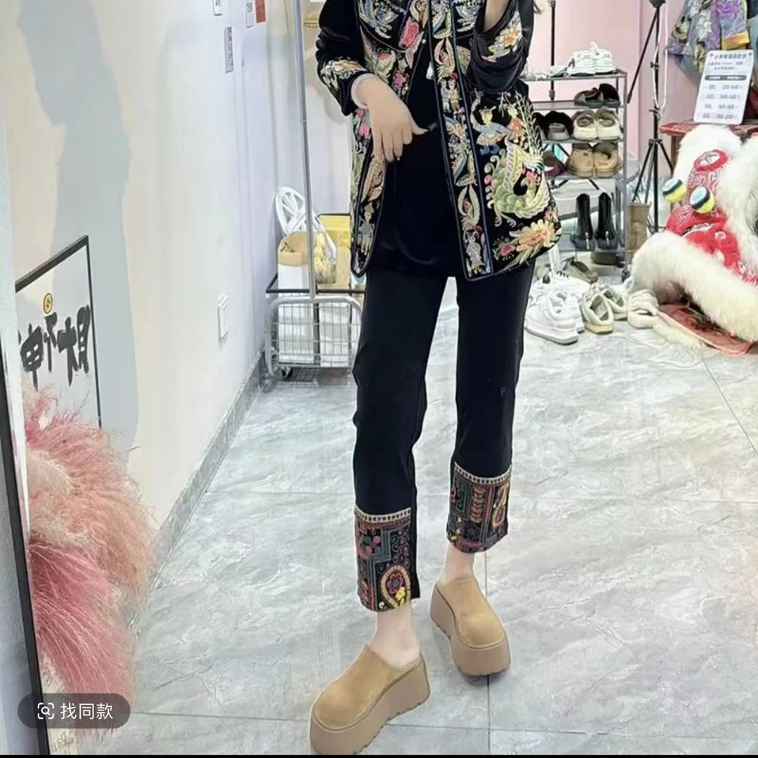 【WDP】新中式国风休闲长裤女拼接裤脚加绒长裤子