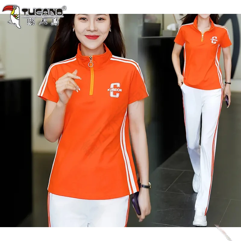 啄木鸟夏季新款运动套装广场舞年短袖中老年休闲时尚妈妈装两件套