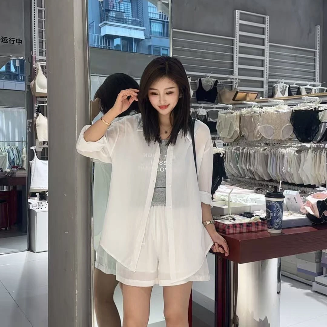 贝姐同款【三件套】夏季新款~防晒长袖衬衫+背心+阔腿短裤套装99617