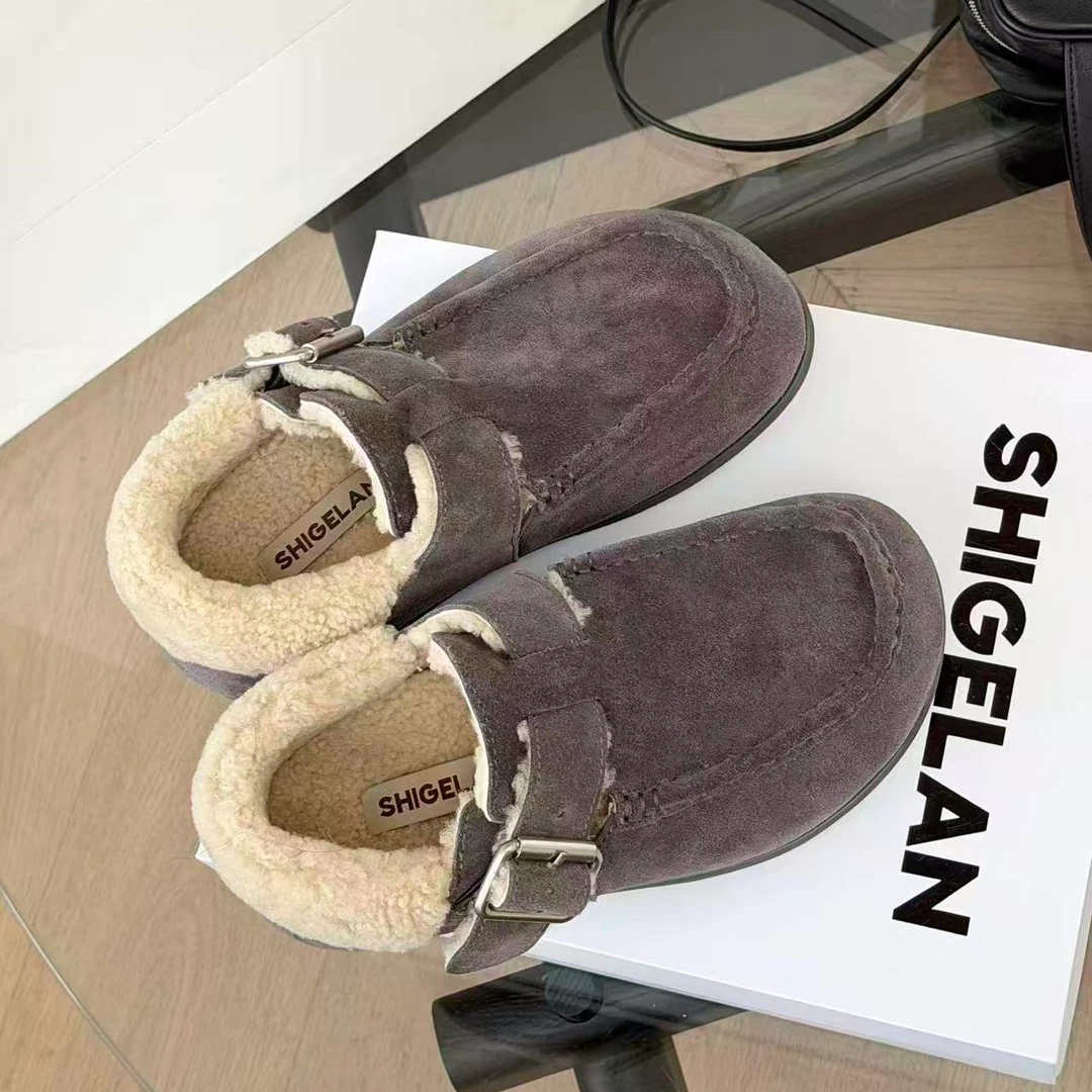 诗歌兰勃肯乐福鞋2025冬新款时尚磨砂厚底复古皮带扣休闲平底棉鞋