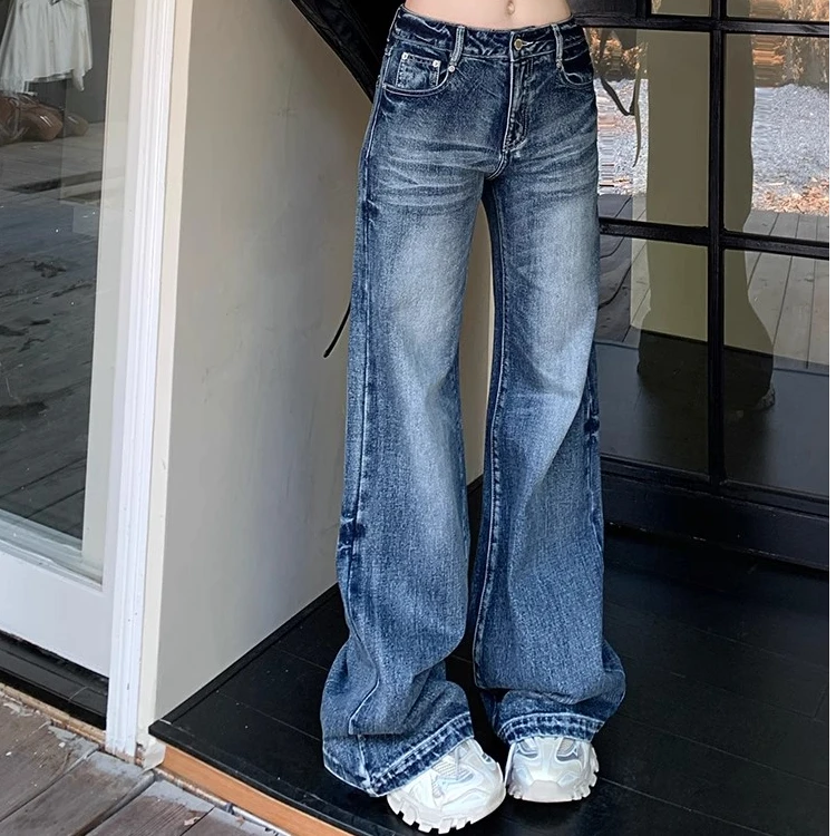复古微喇牛仔裤女2025新款美式高街低腰宽松直筒阔腿拖地喇叭裤子