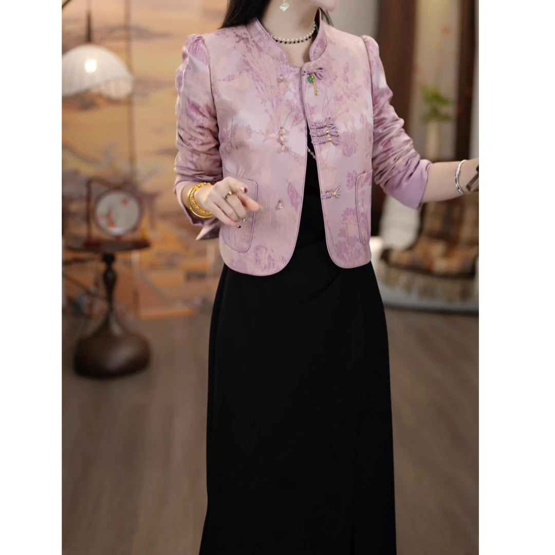 2025秋季新中式国风蝶恋花气质上衣短外套+黑色连衣裙套装M-4XL