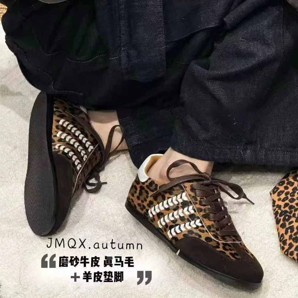 欧货女鞋2025秋季真皮平底豹纹马毛德训鞋复古英伦风休闲运动板鞋