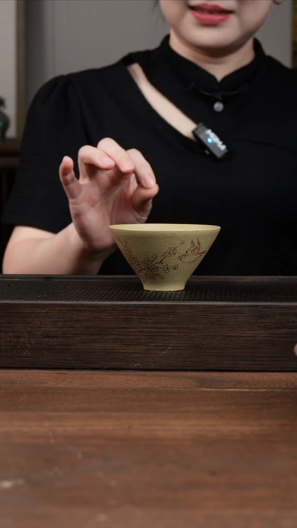 茶壶紫砂段泥斗笠杯刻绘90CC（01393）梅花