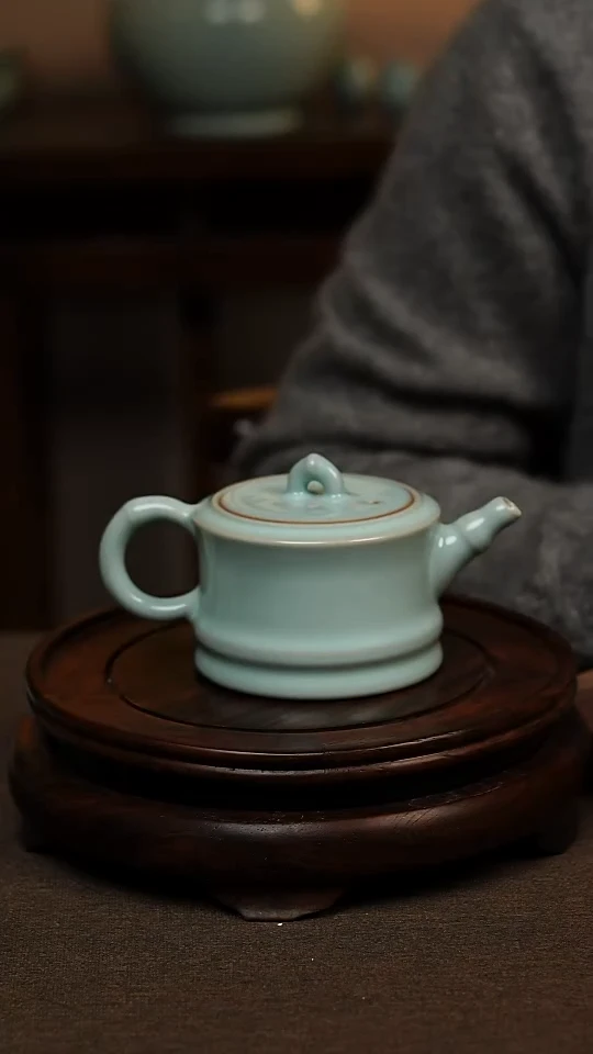 瓷片天青色全手工竹节壶180ml微瑕不带礼盒