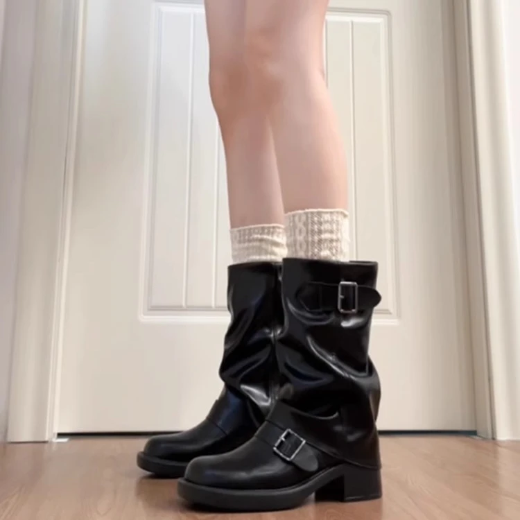 牛皮版~软皮厚底复古西部牛仔靴女褶皱堆堆靴皮带中筒裤管骑士靴