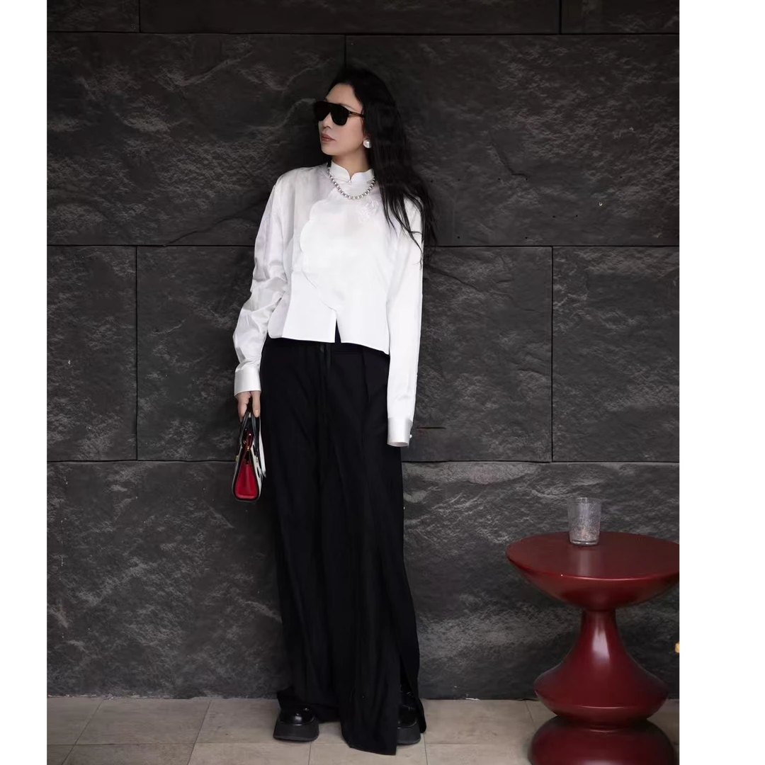 ELVIS.CHEUNG25春季新品女士丝绵短款宽松花瓣襟衬衫