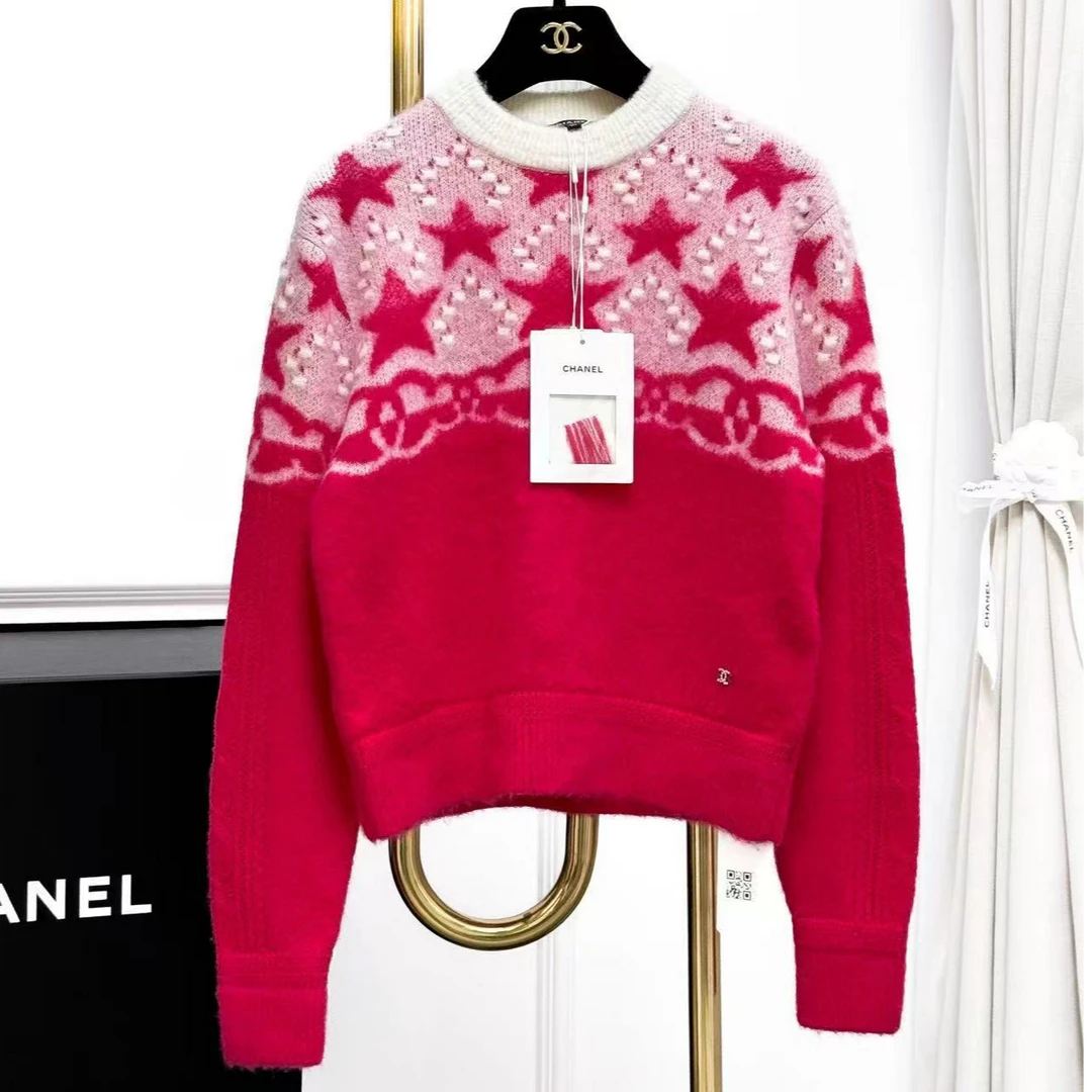 99新 Chanel/香奈儿 36码23N滑雪系列玫粉色拼接星星双C针织毛衣