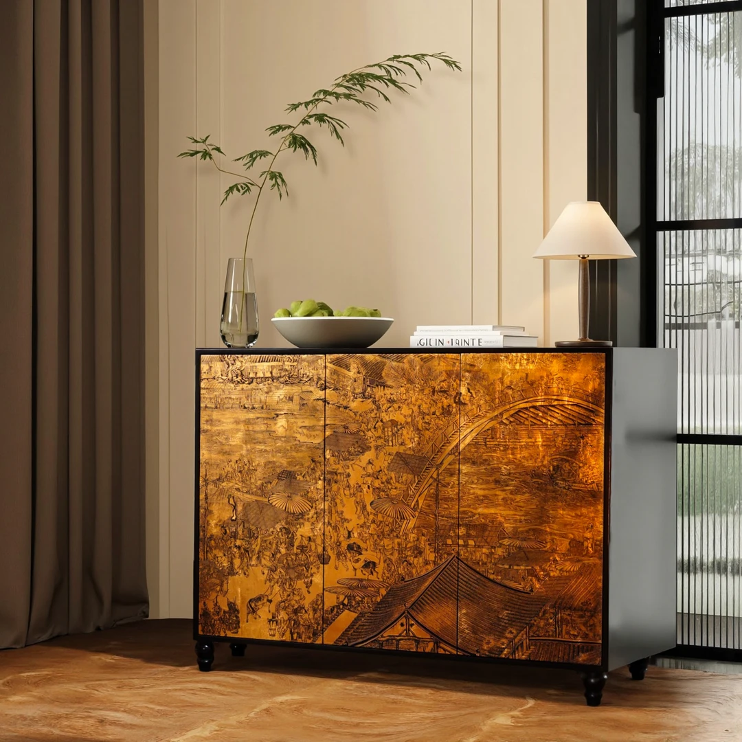 【本尼家】TS15新中式《清明上河图》三门储物柜子长1.2米玄关柜