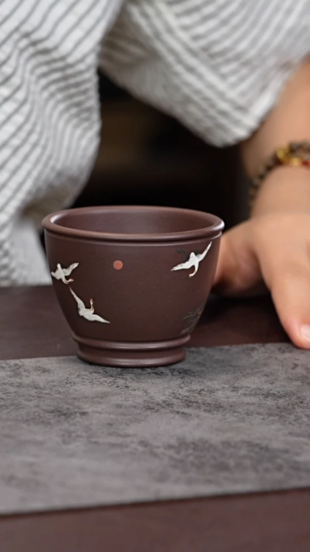 茶杯紫砂泥绘 仙鹤 主人杯