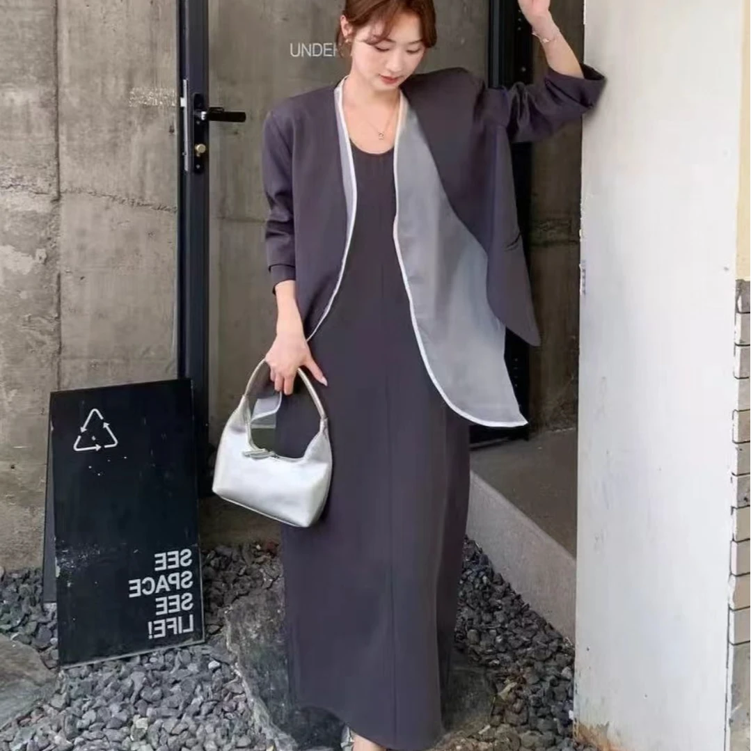 轻奢气质欧根纱拼接西装外套+背心裙设计显瘦通勤三件套25801（D8）