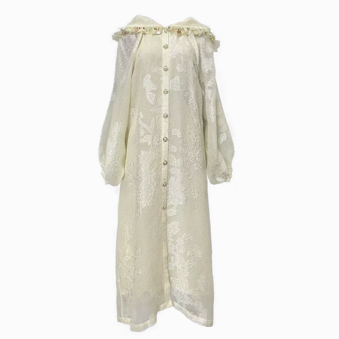 （倒带）春季裙子常规套头宽松连衣裙单排多扣时尚带帽提花