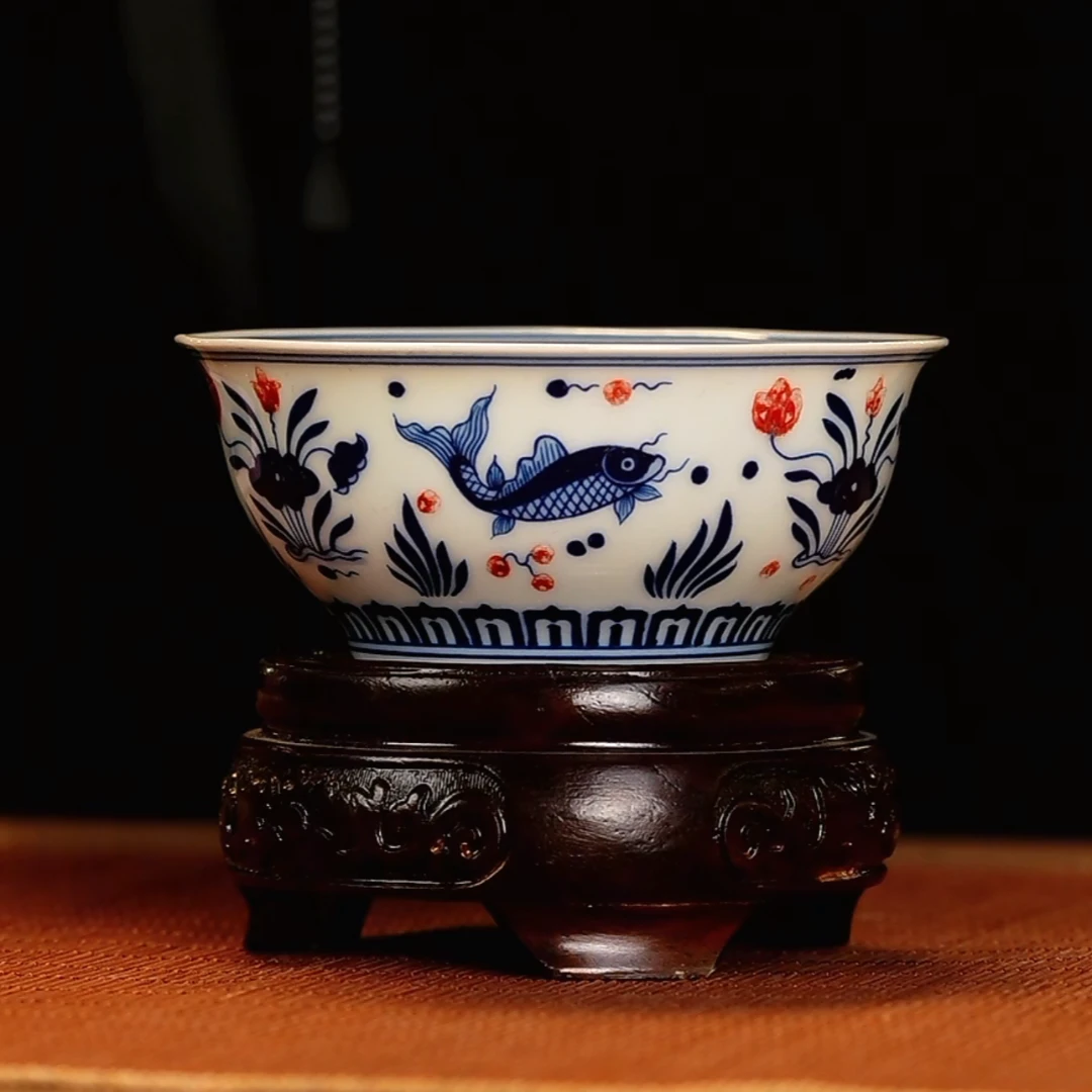 【小乔赏瓷1】堂钟正青花釉里红鱼藻杯tzz157