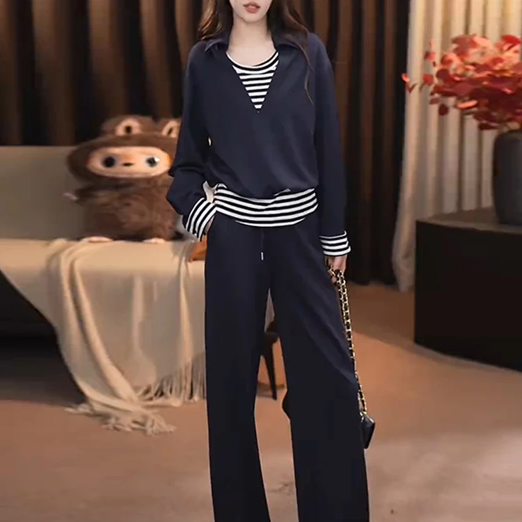 炸街运动套装女2025秋季新款洋气条纹拼接假两件上衣阔腿裤两件套