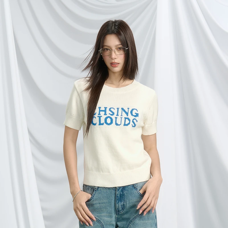 iNSLiiSA针织短袖t恤女短款2025夏季圆领弹力修身显瘦设计上衣