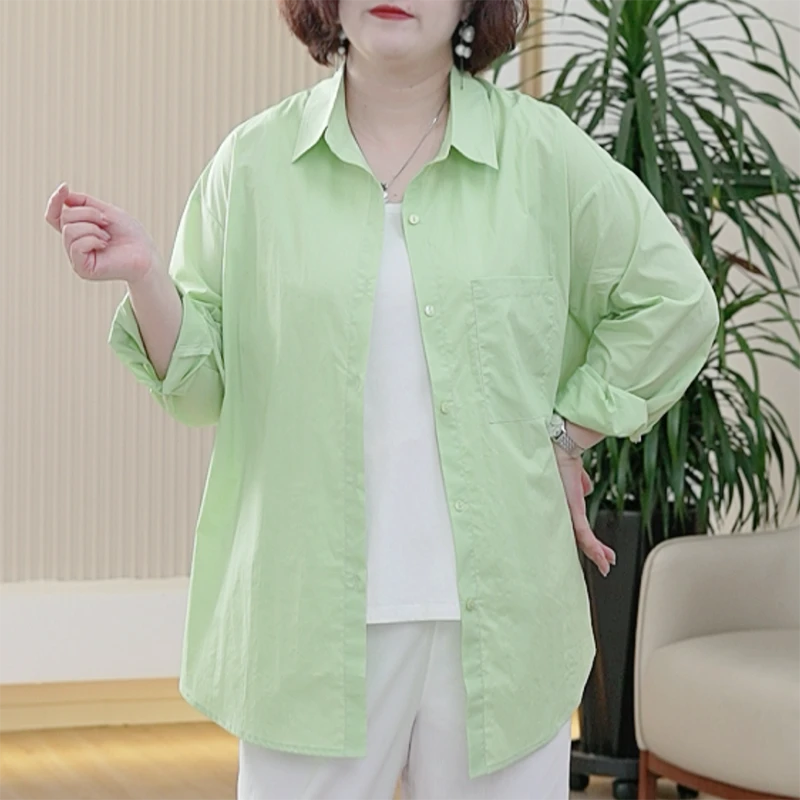 糖果色衬衫大码女高支高密棉时尚百搭外套挺括春夏季衬衣显瘦上衣