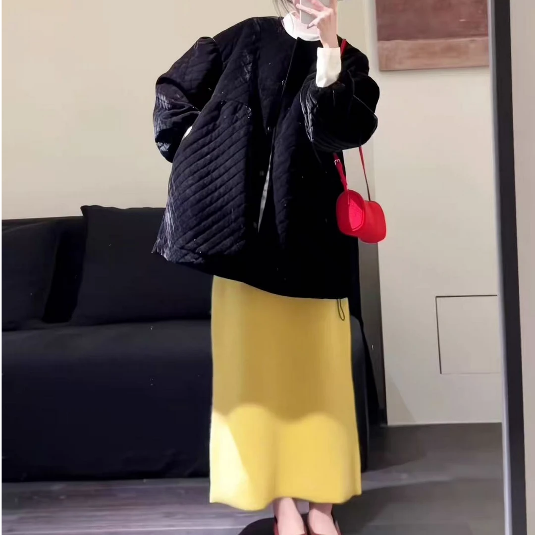 高级感黑色菱格棉衣棉服