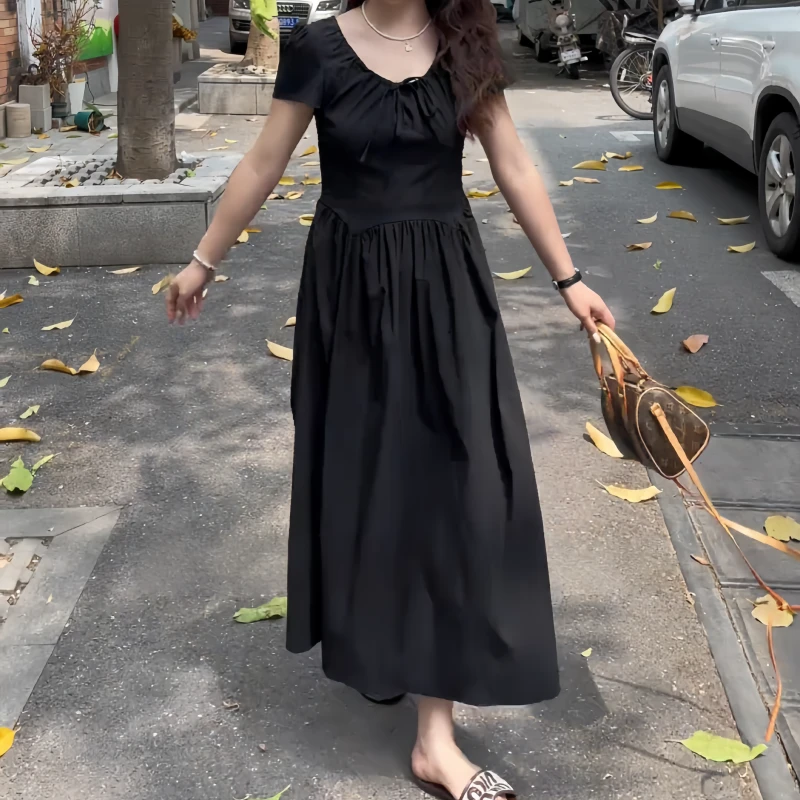 早秋设计款绑带调节裙子短袖圆领中长连衣裙休闲风短袖法式小众裙