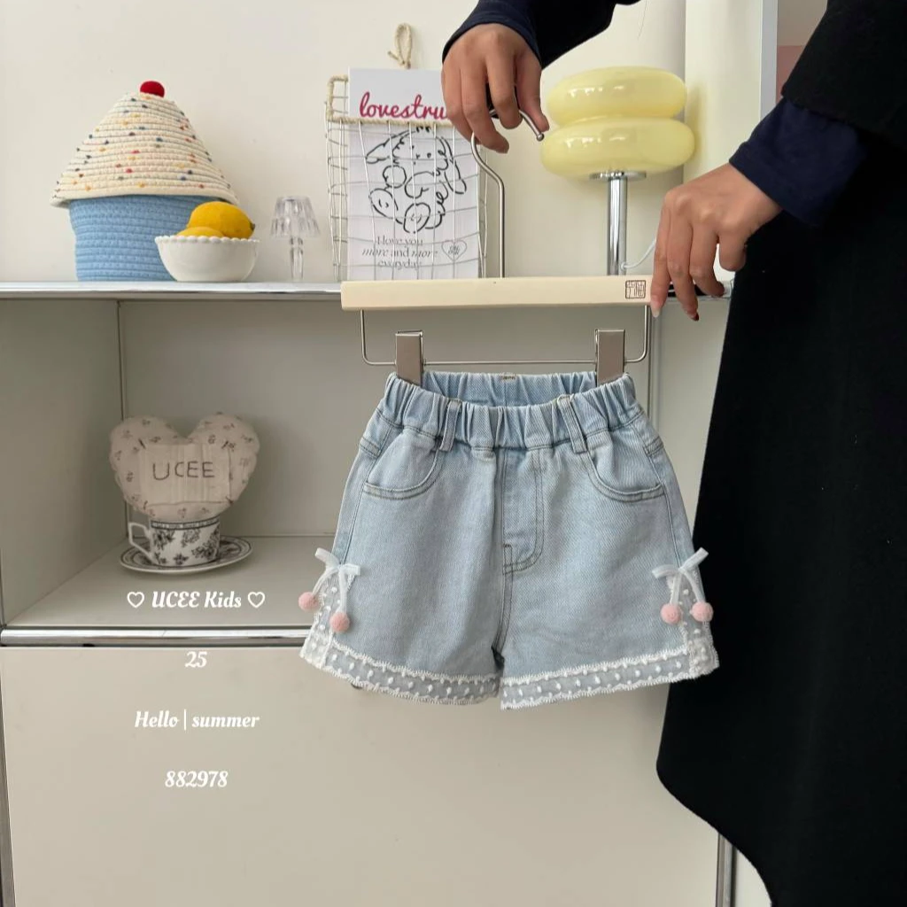 {花卷卷}2025夏季女童樱桃蕾丝边牛仔短裤882978