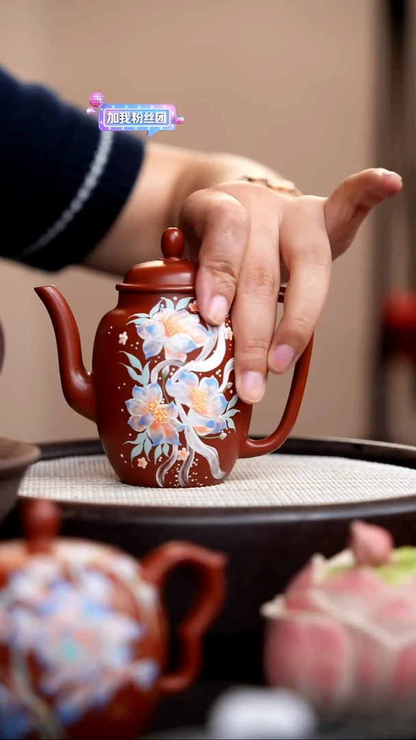 茶壶紫砂呵*呵朱泥宫灯泥绘三花
