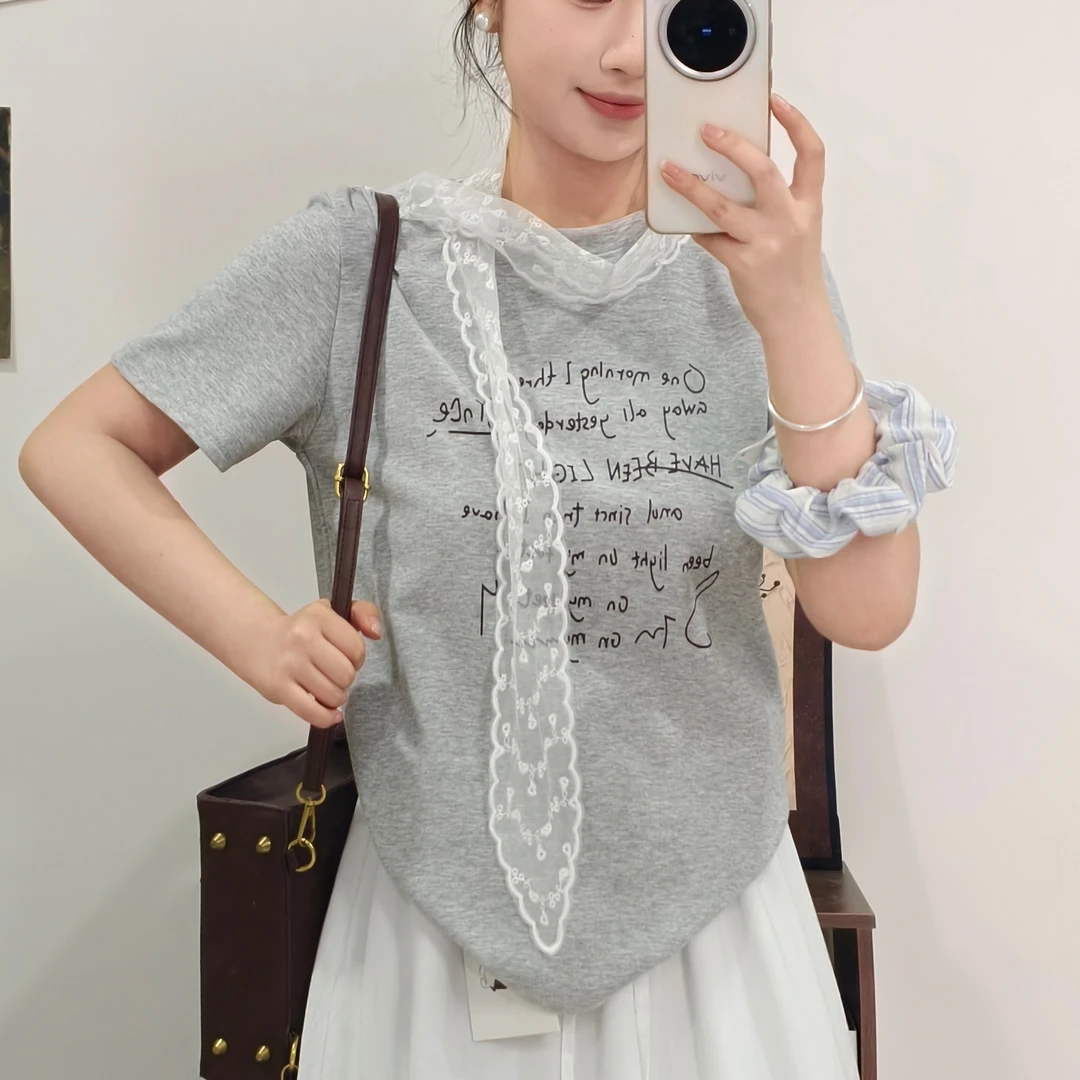 【故里】灰色字母短袖2025新款时尚简约百搭ins风