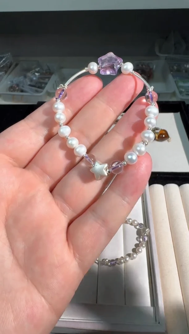 水晶手链银S925镶嵌U012珍朱紫水星星弯管款