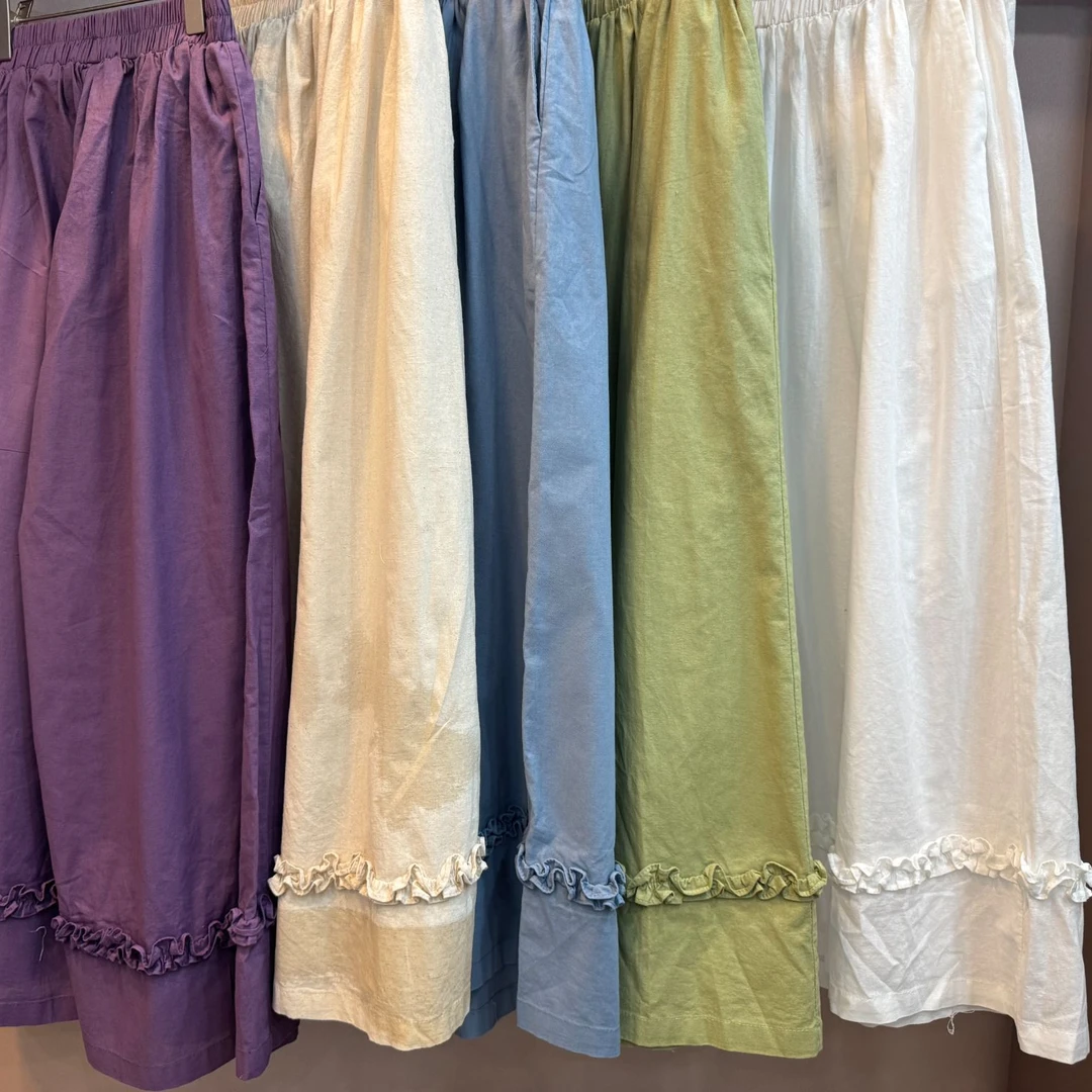 K7112 夏季新款时尚百搭显瘦松紧腰花边拼接直筒裤休闲裤松紧腰