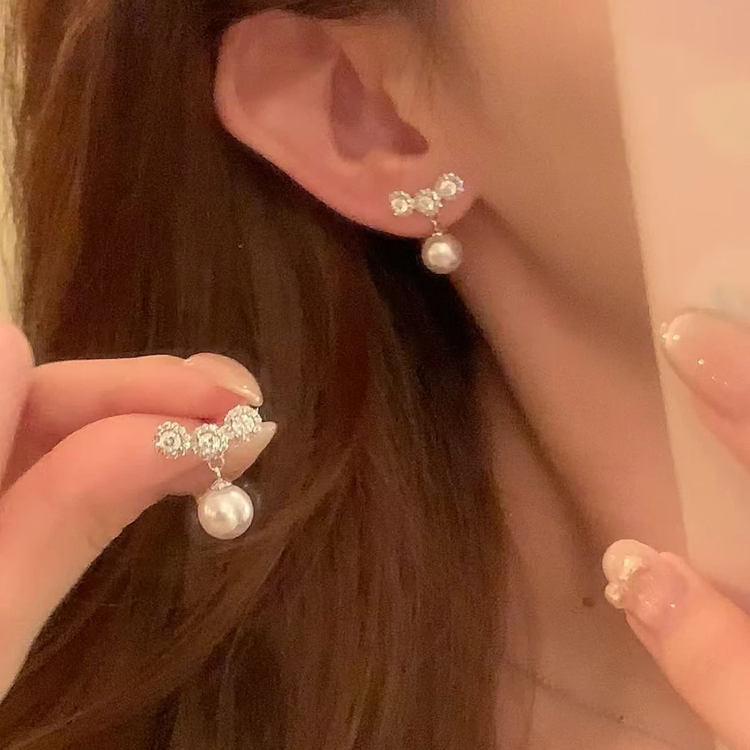 铜合金锆石耳饰 早秋新款闪锆曼塔玫瑰珍珠耳环女气质耳针耳饰