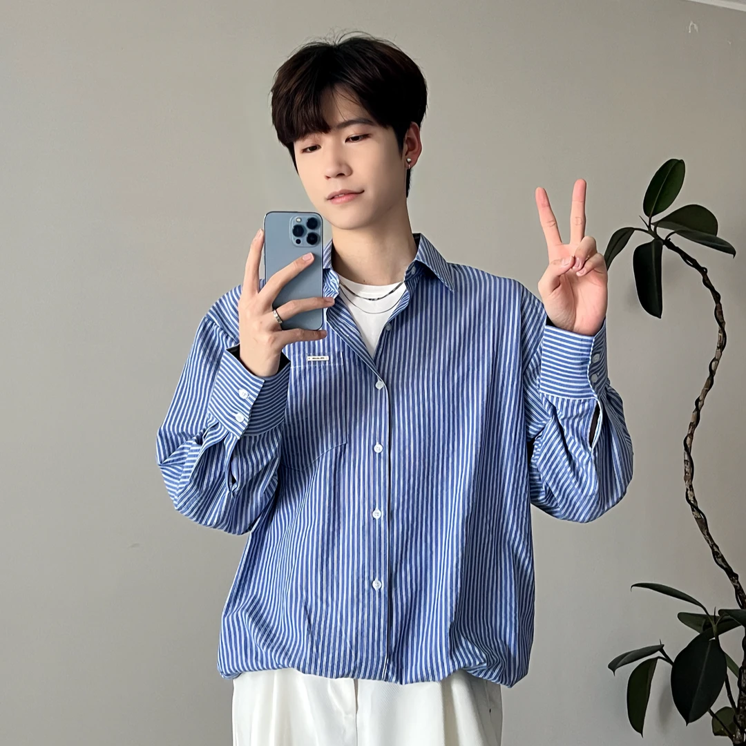 乔沐推荐假两件套头韩版衬衫男纯色宽松百搭休闲长袖高级感衬衣