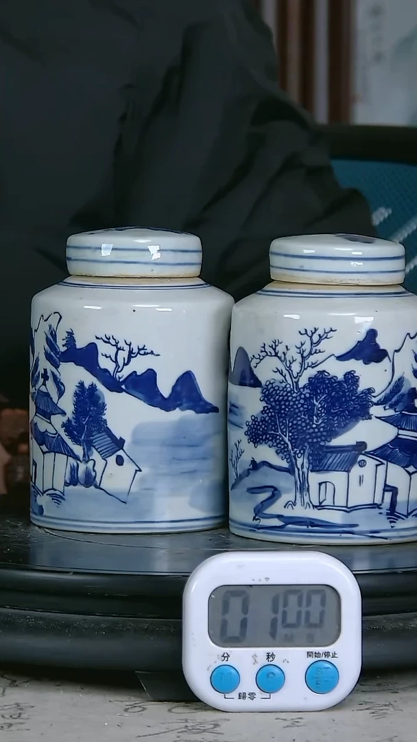 陶罗**龙青花精绘山氺图罐一对