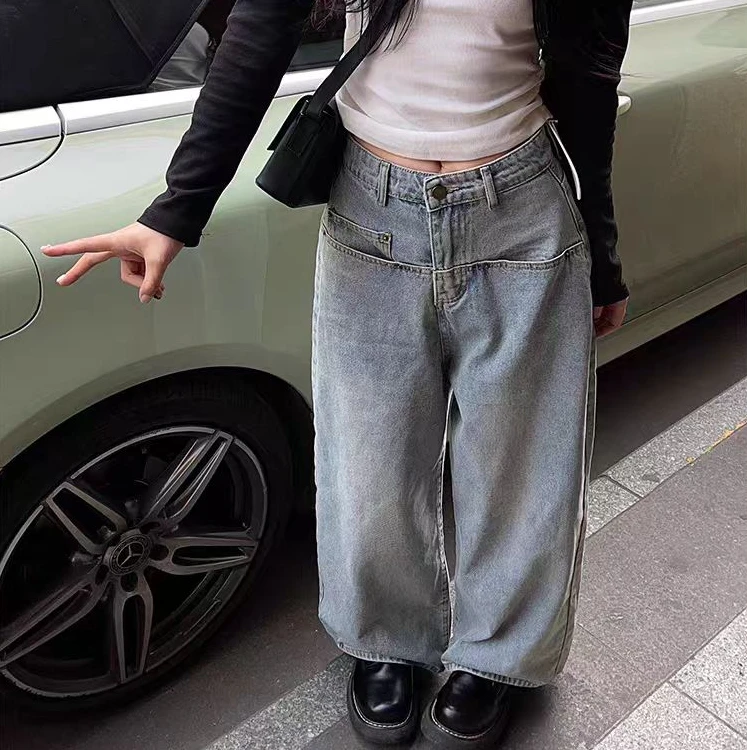 2581款复古高腰阔腿牛仔裤新款宽松显瘦设计感直筒裤