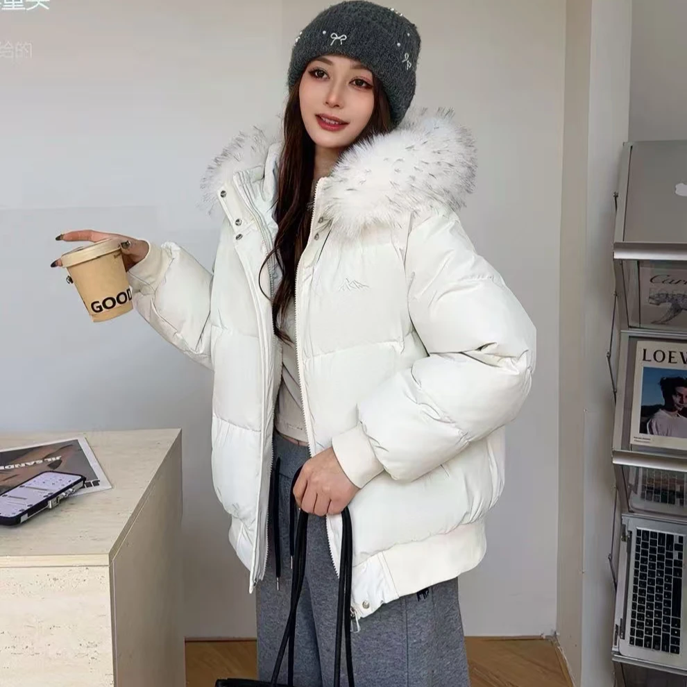 大毛领加绒厚绒外套软乎乎防寒服零下纯色加厚棉服女孩