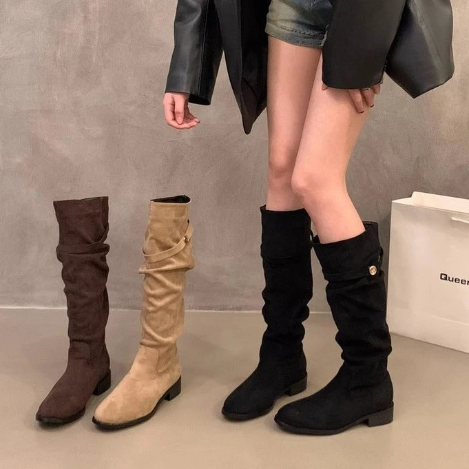 法式粗跟杏色绒面堆堆长靴女鞋2025新款春秋冬季百搭瘦瘦长筒靴子