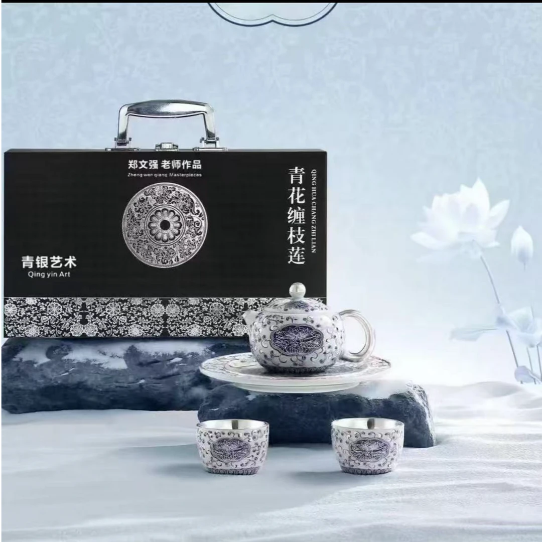 郑文强青花缠枝莲鎏银西施壶套装Y60