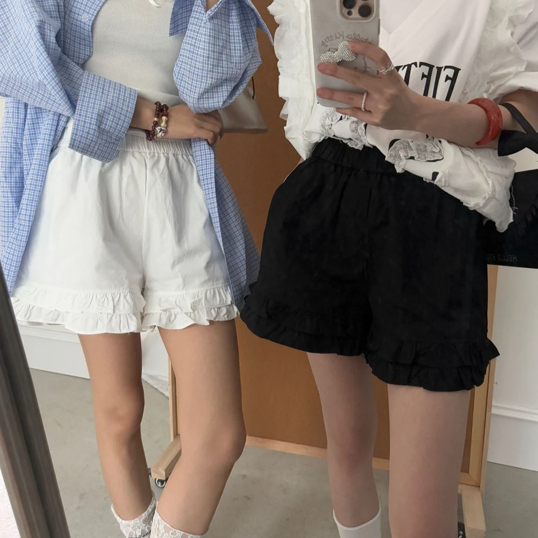 慵懒风木耳边凉凉阔腿短裤女新款甜美风高腰A字垂感宽松休闲裤子