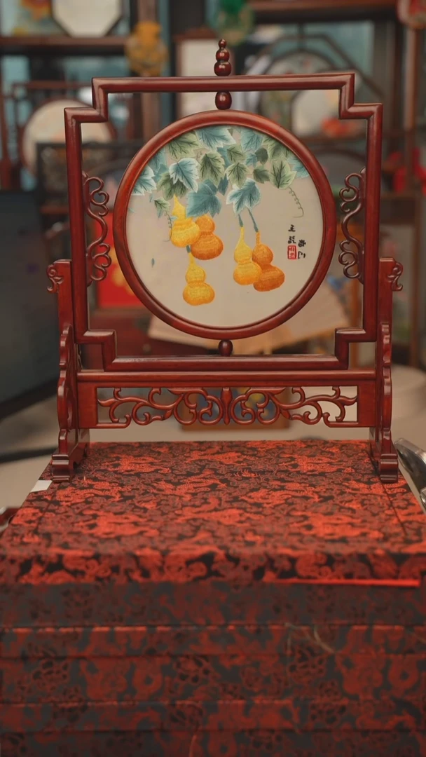 扇子五福架 苏绣双面绣五福架 35乘41