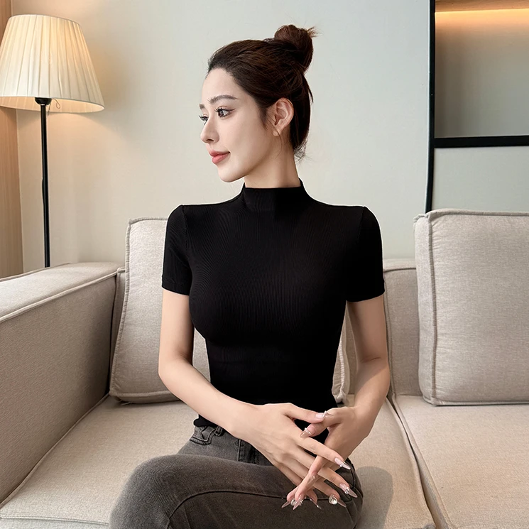 半高领短袖t恤女夏新款螺纹黑色半袖内搭打底衫正肩穿搭中领上衣