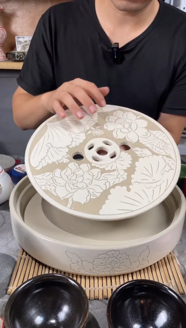 5号磁州窑手工白刻茶盘