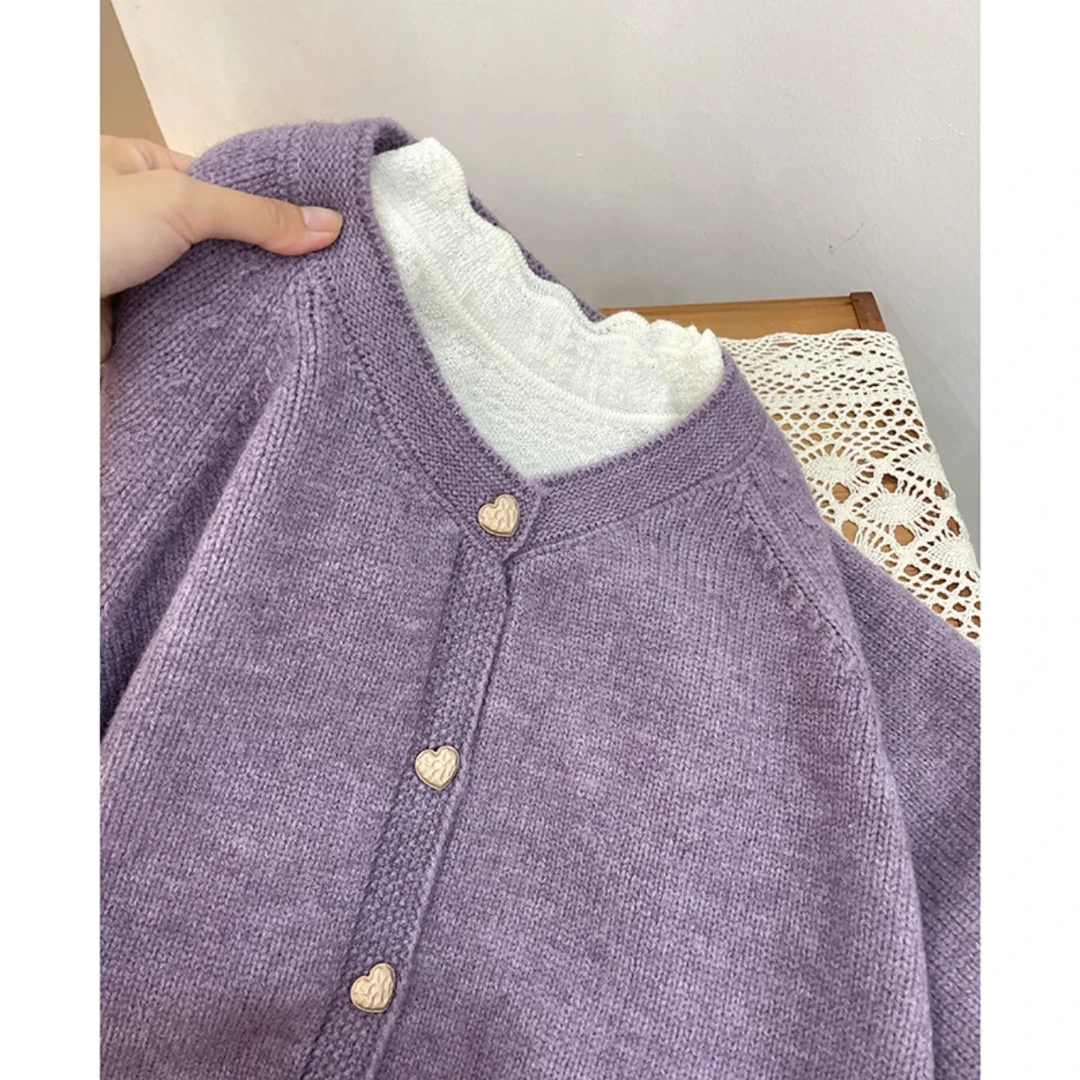 思思大码紫色圆领针织开衫女冬新款时尚洋气百搭慵懒软糯毛衣外套