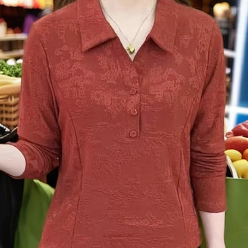 春季新款时尚翻领妈妈提花休闲长袖减龄洋气显瘦气质上衣打底小衫