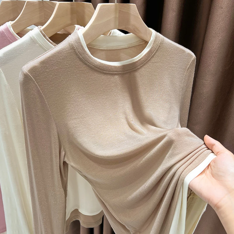 小圆领纯色打底衫女假两件内搭长袖T恤衫春秋新款小个子修身上衣