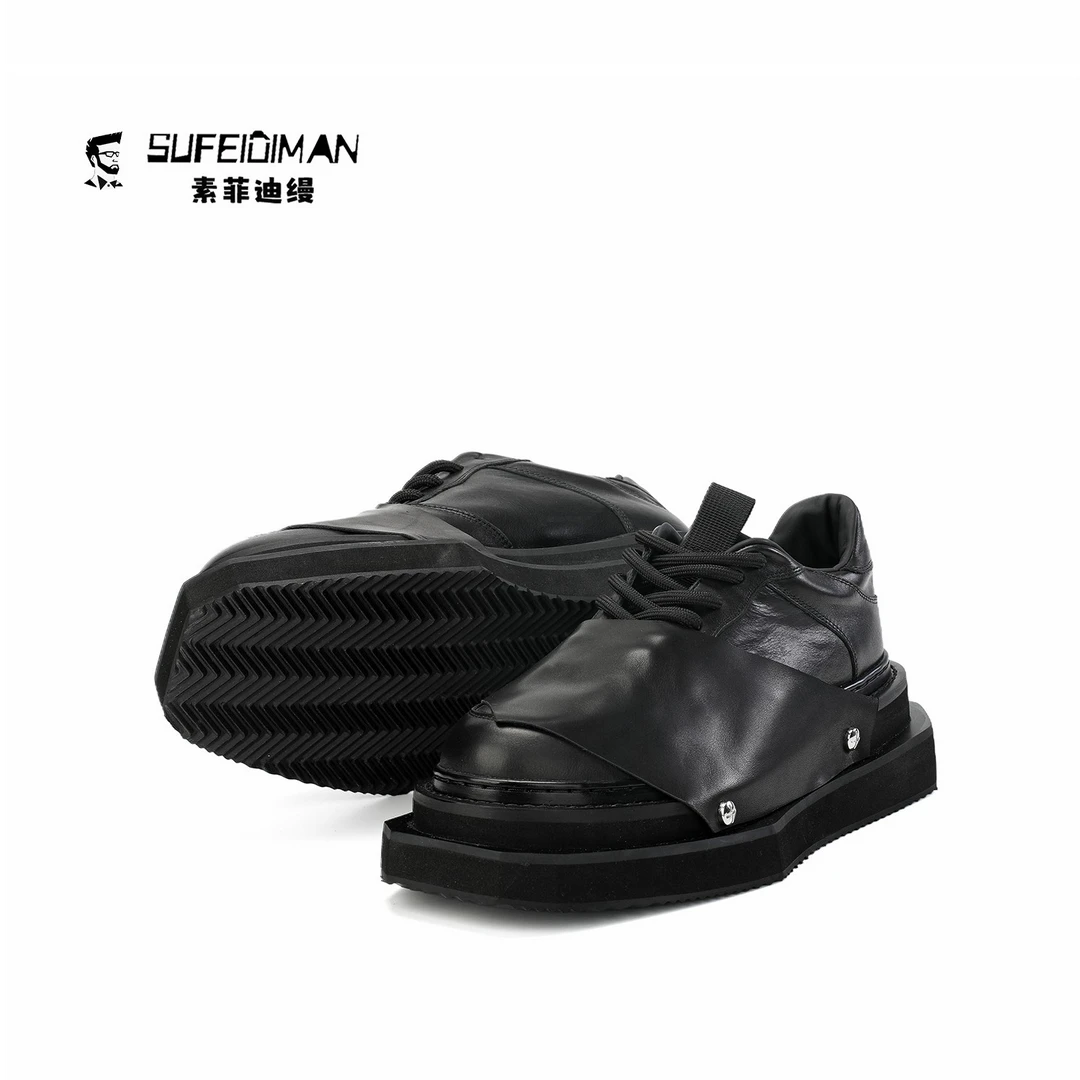 素菲迪缦时尚休闲百搭高定款皮片款小众设计师款方头男士休闲皮鞋