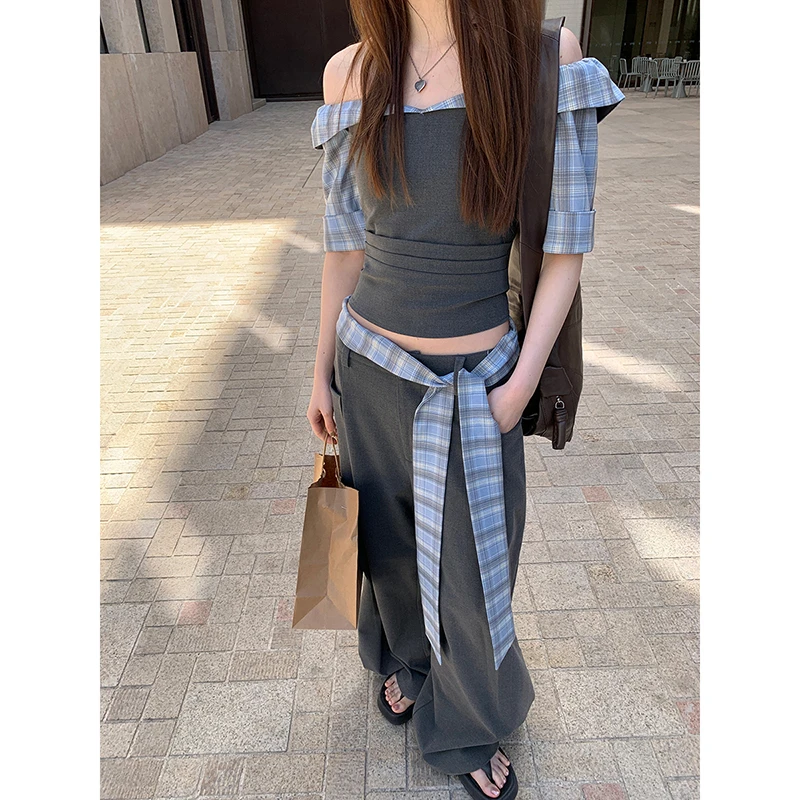 【职场姐姐衬衫】夏季高级气质拼接格子一字肩设计衬衫252H1944#