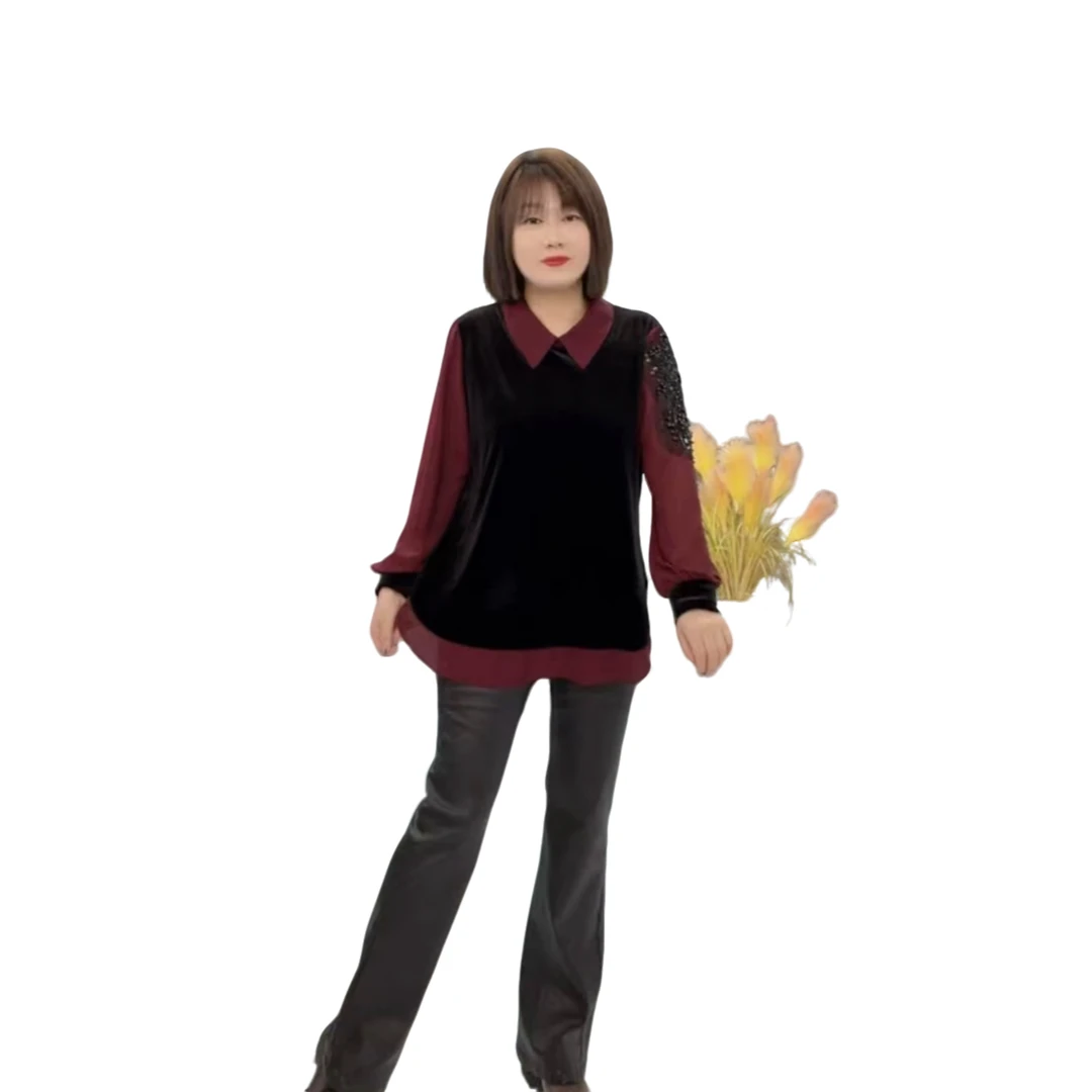 8875新款大码衬衫领丝绒拼接串珠时尚气质长袖衫