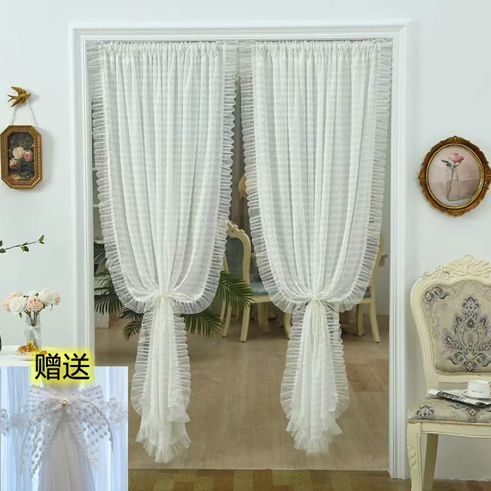 送蝴蝶结绑带】免打孔法式蕾丝门帘纱帘飘窗隔断美式田园小清新