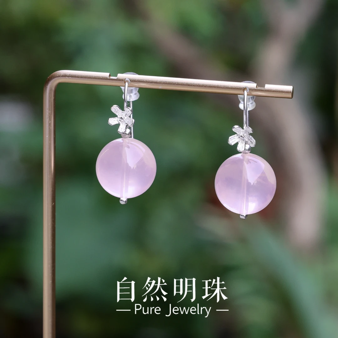自然明珠【良缘】耳坠莫桑粉水晶小花设计款S925银饰耳坠
