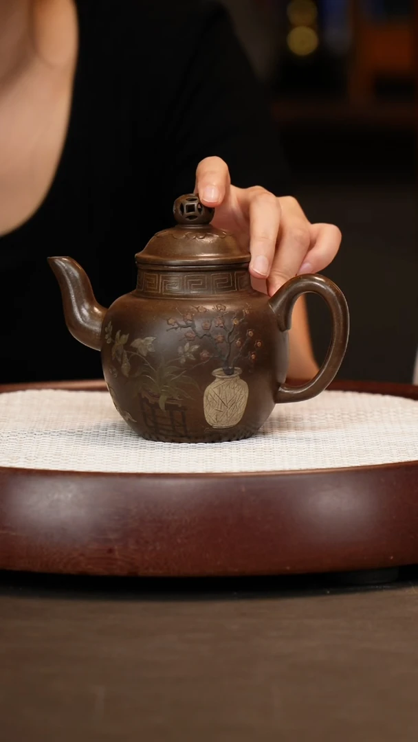 茶壶紫砂【陈小听】羊脂玉砂段执壶+瀑布图+赏盘