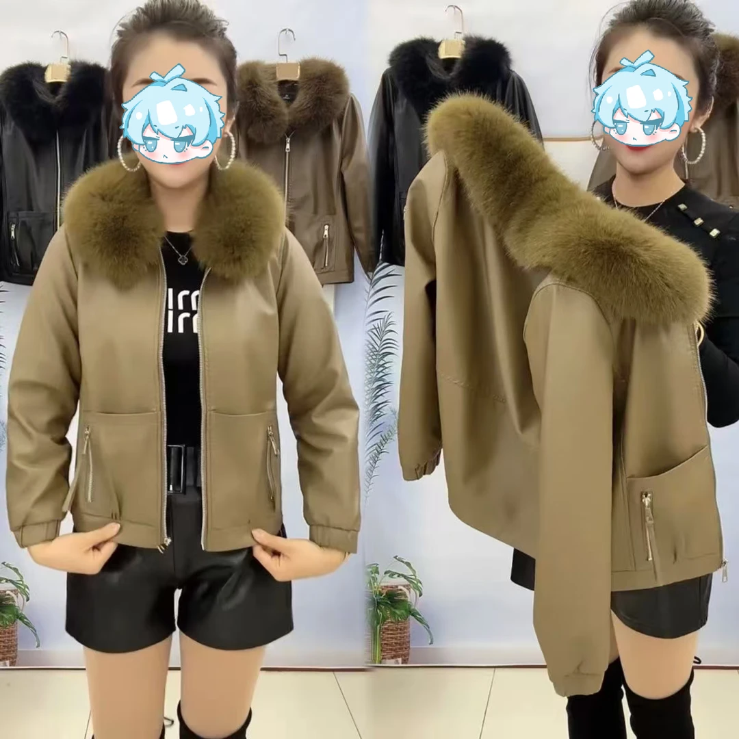 皮衣外套加绒加厚冬季新款可拆卸毛领洋气时尚保暖女士皮夹克